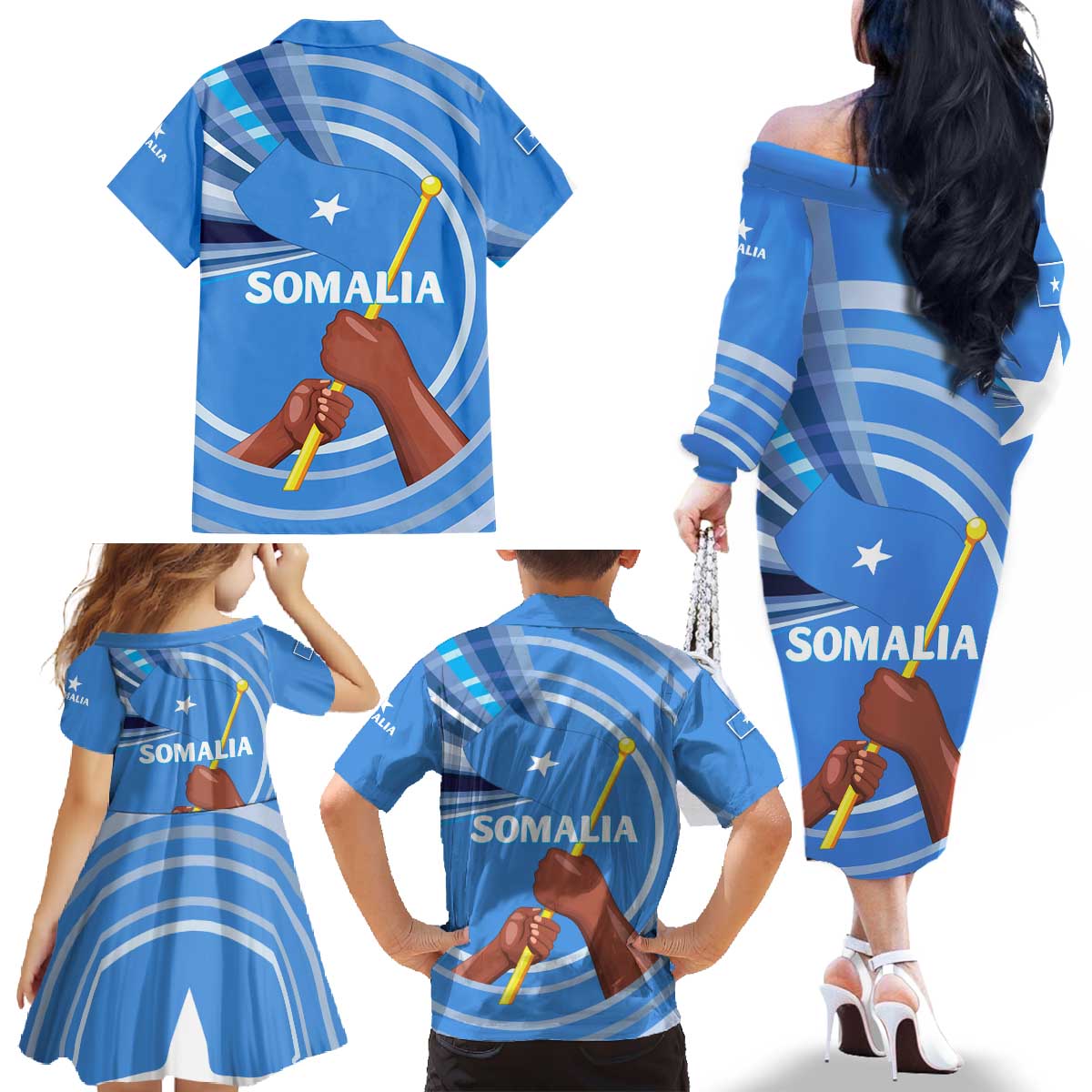 Somalia Family Matching Off The Shoulder Long Sleeve Dress and Hawaiian Shirt with Raised Fist Flag Blue Unity Wave Spirit