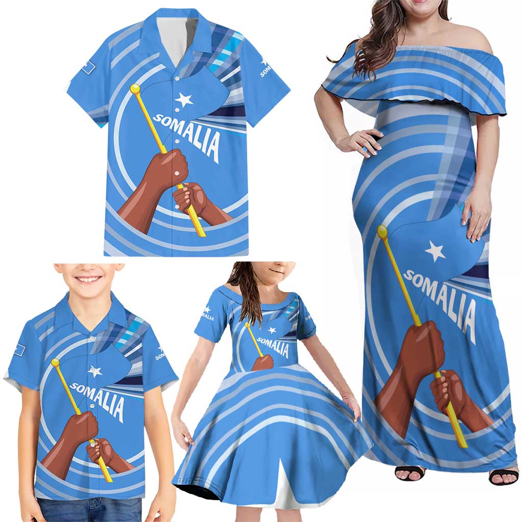 Somalia Family Matching Off Shoulder Maxi Dress and Hawaiian Shirt with Raised Fist Flag Blue Unity Wave Spirit