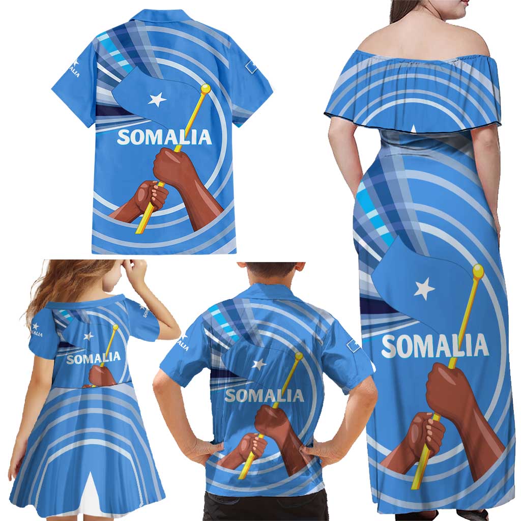 Somalia Family Matching Off Shoulder Maxi Dress and Hawaiian Shirt with Raised Fist Flag Blue Unity Wave Spirit