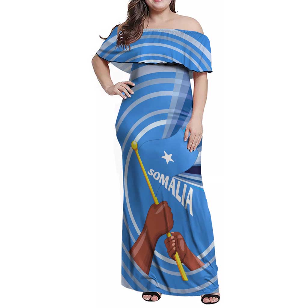 Somalia Family Matching Off Shoulder Maxi Dress and Hawaiian Shirt with Raised Fist Flag Blue Unity Wave Spirit
