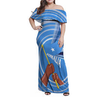 Somalia Family Matching Off Shoulder Maxi Dress and Hawaiian Shirt with Raised Fist Flag Blue Unity Wave Spirit