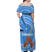 Somalia Family Matching Off Shoulder Maxi Dress and Hawaiian Shirt with Raised Fist Flag Blue Unity Wave Spirit
