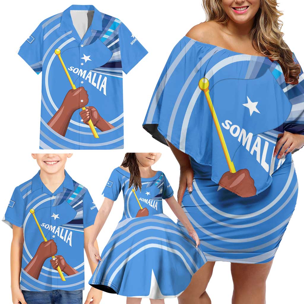 Somalia Family Matching Off Shoulder Short Dress and Hawaiian Shirt with Raised Fist Flag Blue Unity Wave Spirit
