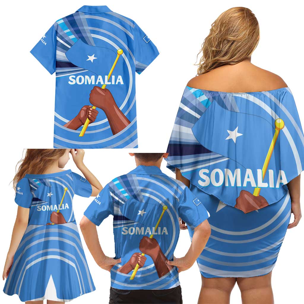 Somalia Family Matching Off Shoulder Short Dress and Hawaiian Shirt with Raised Fist Flag Blue Unity Wave Spirit