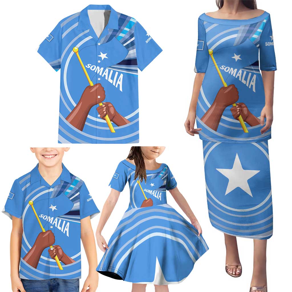Somalia Family Matching Puletasi and Hawaiian Shirt with Raised Fist Flag Blue Unity Wave Spirit