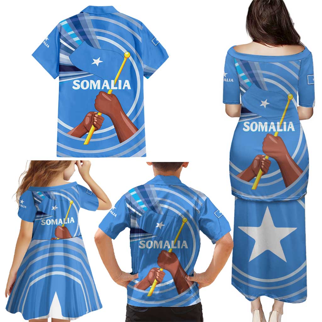 Somalia Family Matching Puletasi and Hawaiian Shirt with Raised Fist Flag Blue Unity Wave Spirit