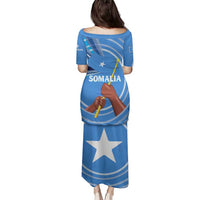 Somalia Family Matching Puletasi and Hawaiian Shirt with Raised Fist Flag Blue Unity Wave Spirit
