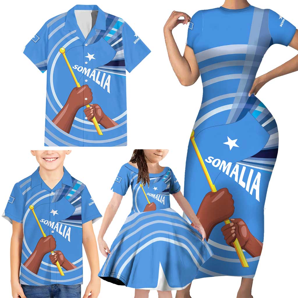 Somalia Family Matching Short Sleeve Bodycon Dress and Hawaiian Shirt with Raised Fist Flag Blue Unity Wave Spirit