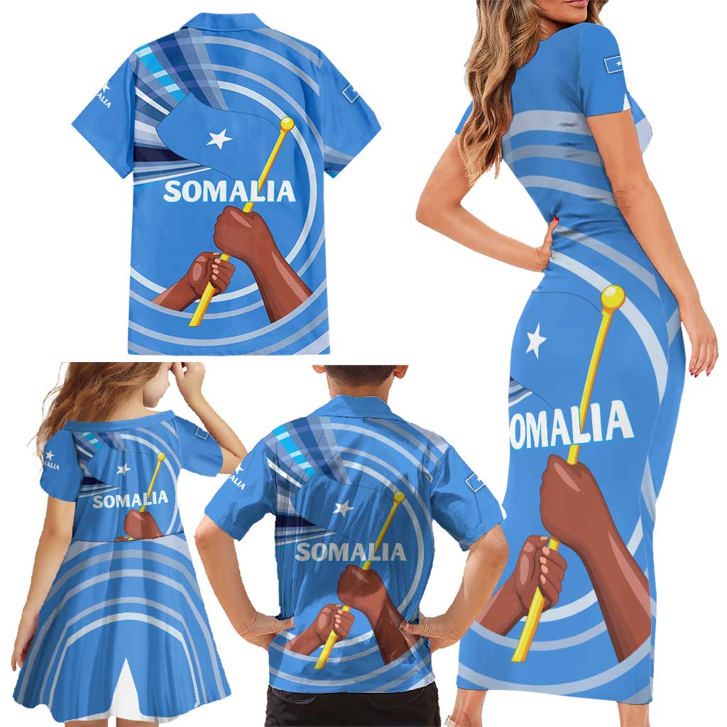Somalia Family Matching Short Sleeve Bodycon Dress and Hawaiian Shirt with Raised Fist Flag Blue Unity Wave Spirit
