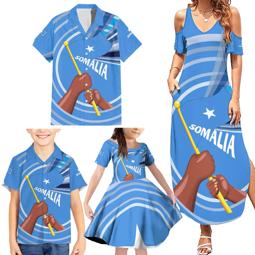 Somalia Family Matching Summer Maxi Dress and Hawaiian Shirt with Raised Fist Flag Blue Unity Wave Spirit