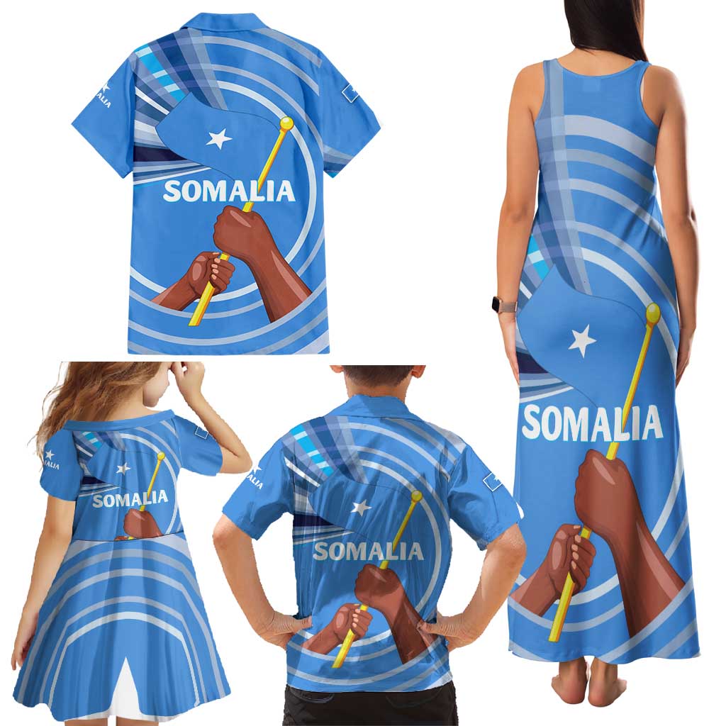 Somalia Family Matching Tank Maxi Dress and Hawaiian Shirt with Raised Fist Flag Blue Unity Wave Spirit