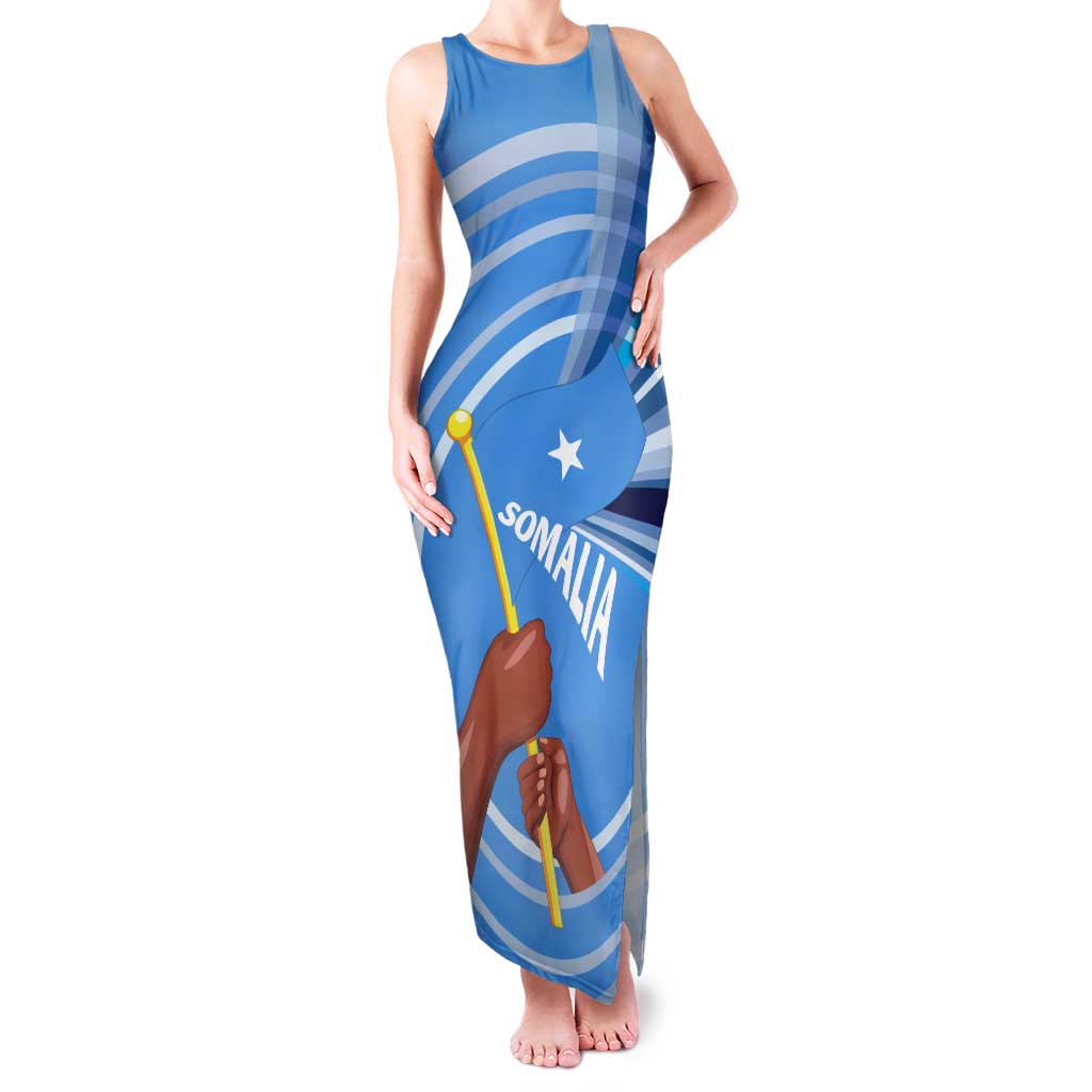 Somalia Family Matching Tank Maxi Dress and Hawaiian Shirt with Raised Fist Flag Blue Unity Wave Spirit