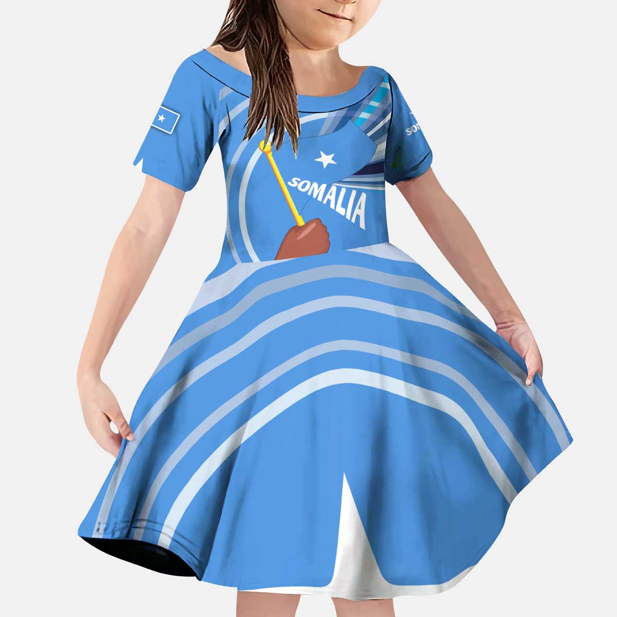Somalia Kid Short Sleeve Dress with Raised Fist Flag Blue Unity Wave Spirit