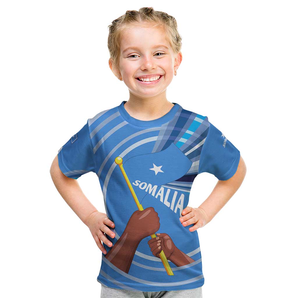 Somalia Kid T Shirt with Raised Fist Flag Blue Unity Wave Spirit