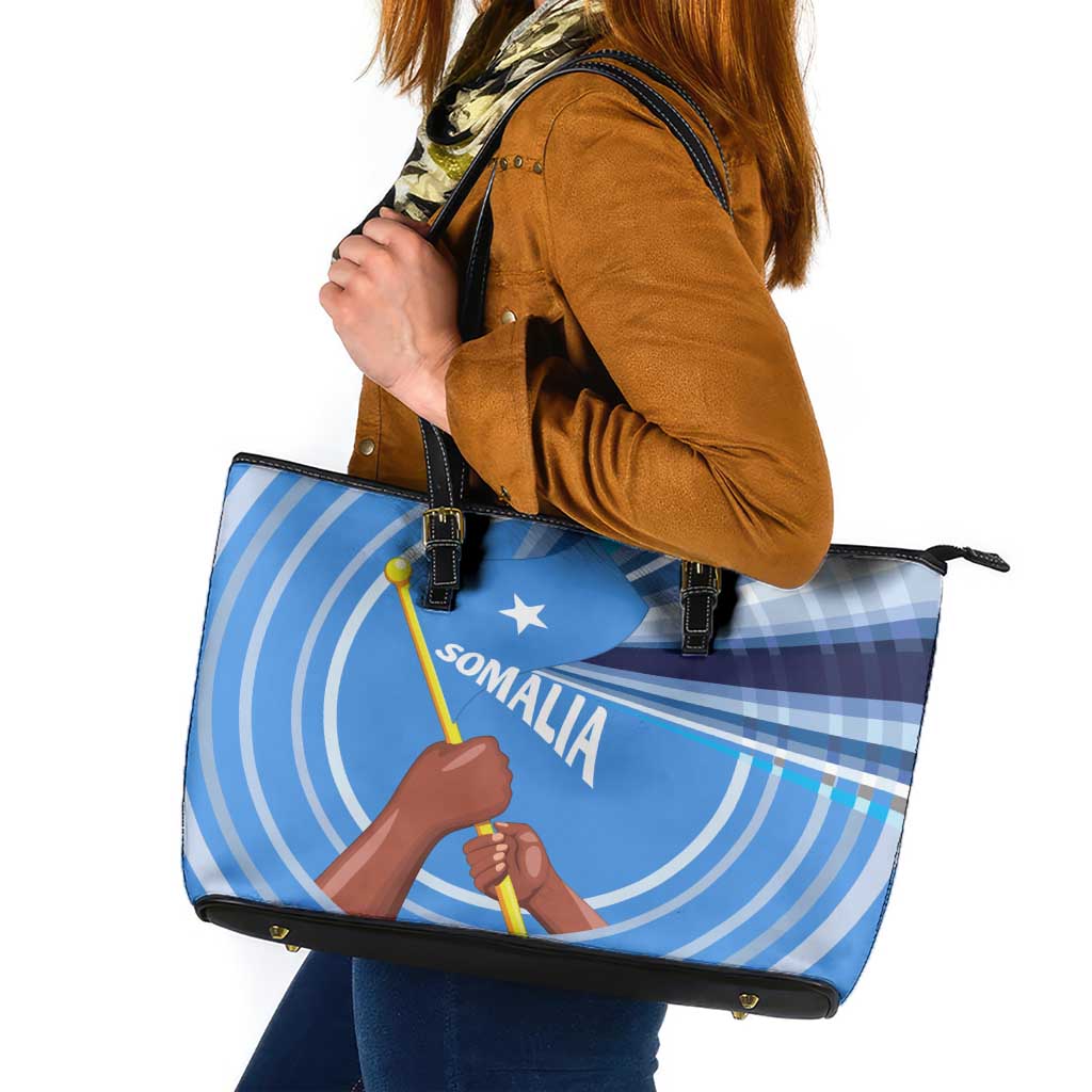 Somalia Leather Tote Bag with Raised Fist Flag Blue Unity Wave Spirit