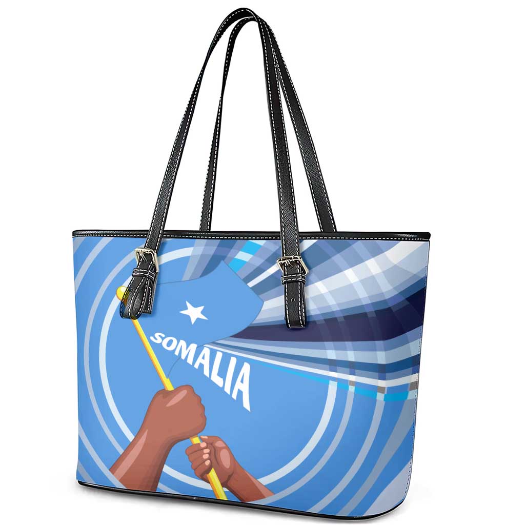 Somalia Leather Tote Bag with Raised Fist Flag Blue Unity Wave Spirit