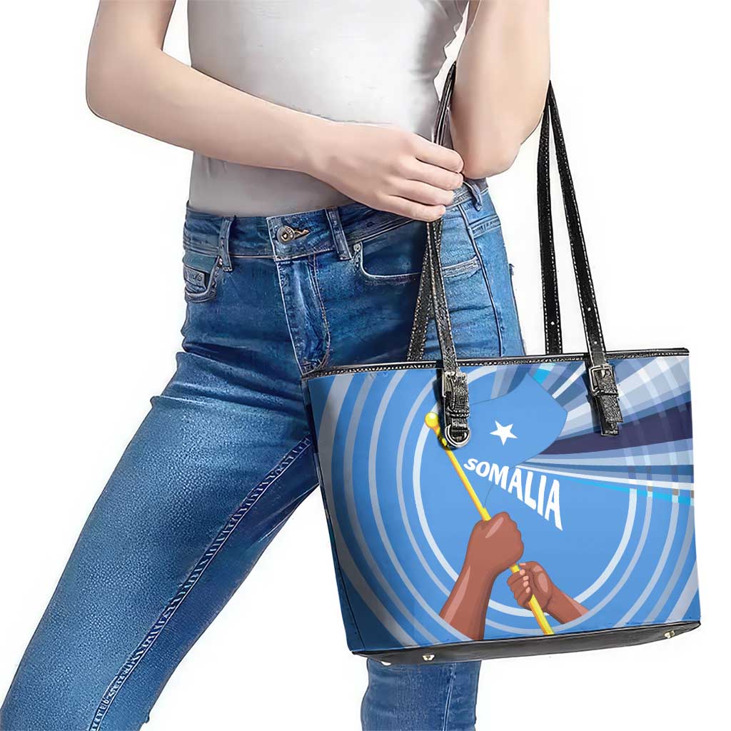Somalia Leather Tote Bag with Raised Fist Flag Blue Unity Wave Spirit
