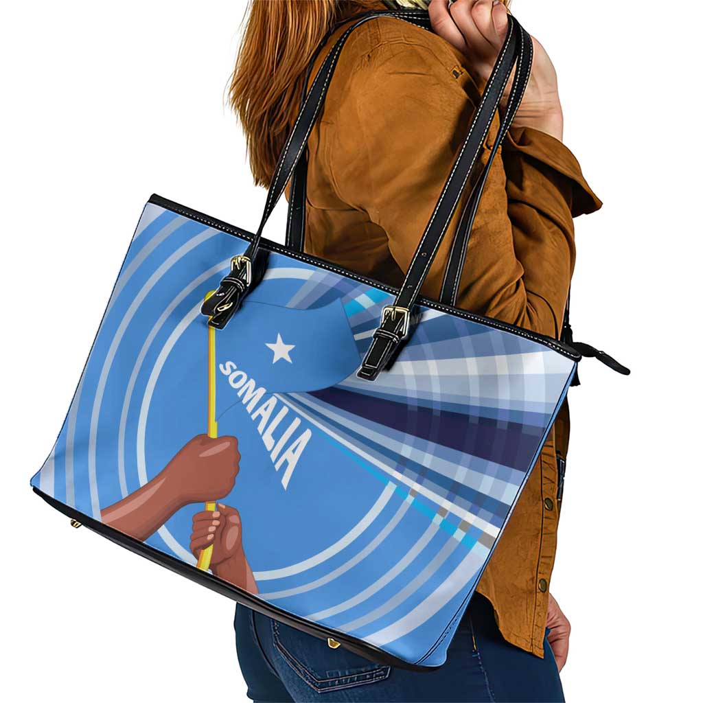 Somalia Leather Tote Bag with Raised Fist Flag Blue Unity Wave Spirit