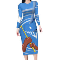 Somalia Long Sleeve Bodycon Dress with Raised Fist Flag Blue Unity Wave Spirit