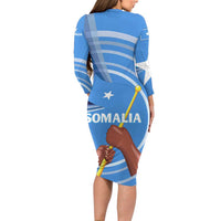 Somalia Long Sleeve Bodycon Dress with Raised Fist Flag Blue Unity Wave Spirit