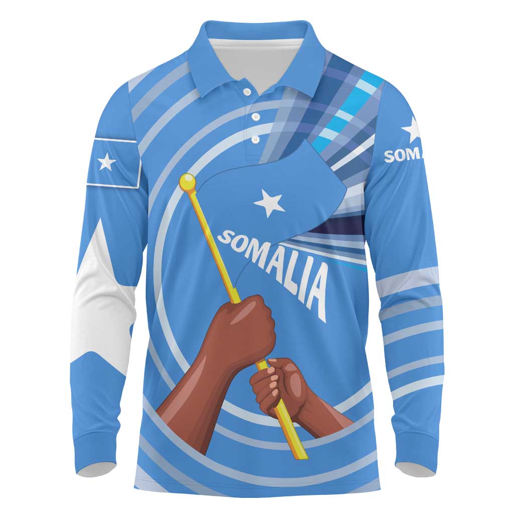 Somalia Long Sleeve Polo Shirt with Raised Fist Flag Blue Unity Wave Spirit