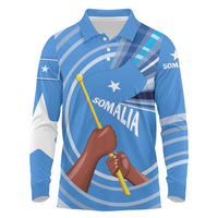 Somalia Long Sleeve Polo Shirt with Raised Fist Flag Blue Unity Wave Spirit