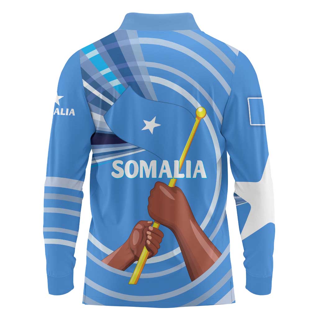 Somalia Long Sleeve Polo Shirt with Raised Fist Flag Blue Unity Wave Spirit