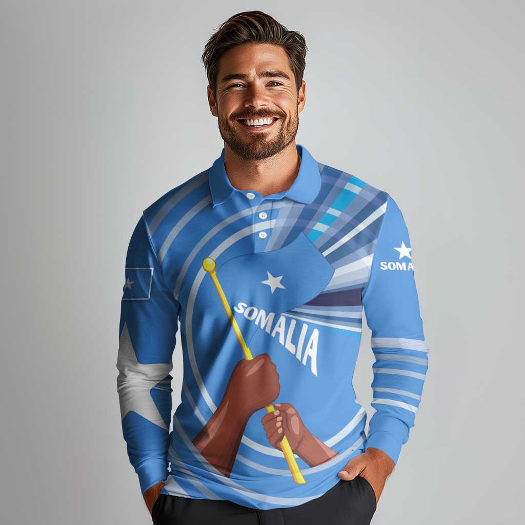 Somalia Long Sleeve Polo Shirt with Raised Fist Flag Blue Unity Wave Spirit