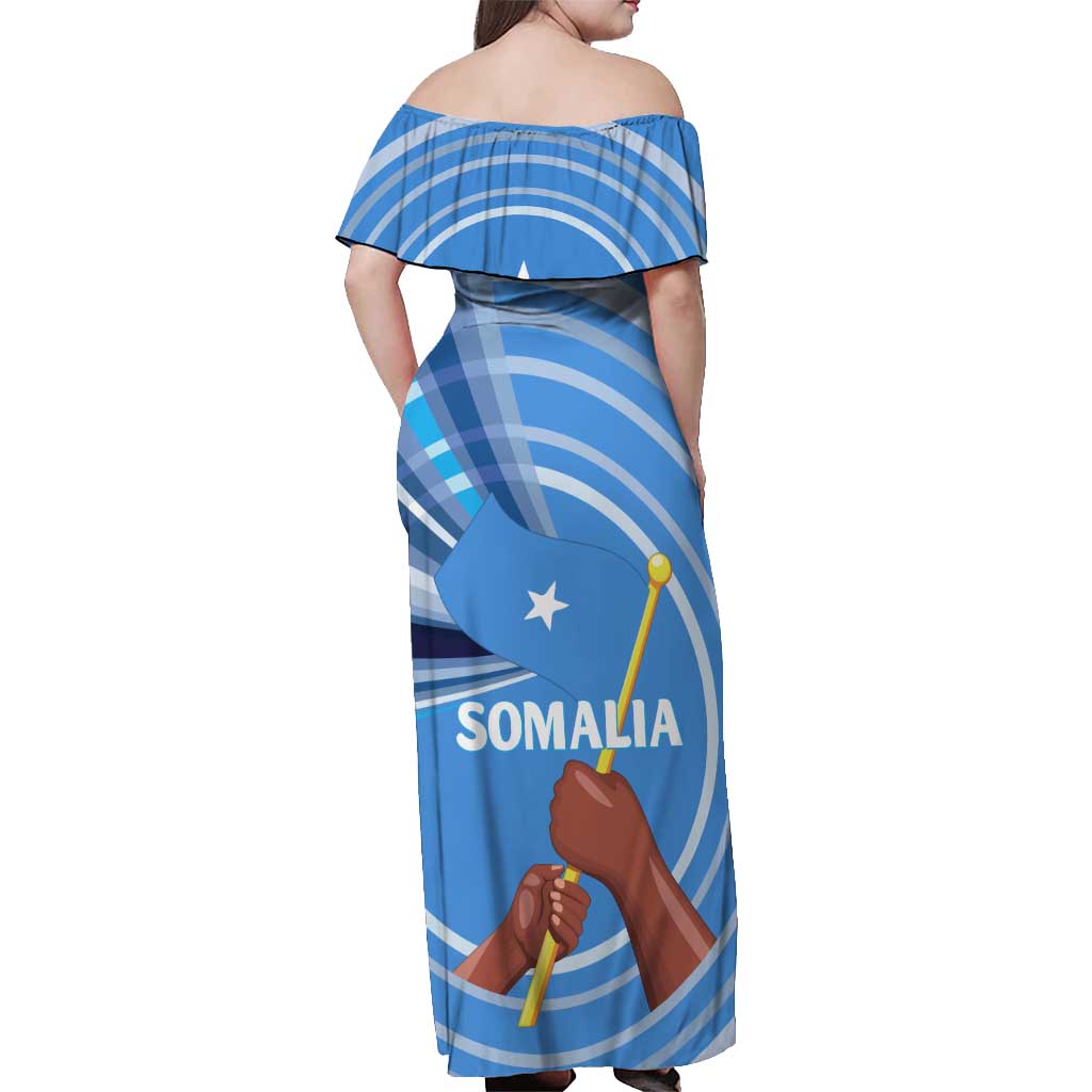 Somalia Off Shoulder Maxi Dress with Raised Fist Flag Blue Unity Wave Spirit