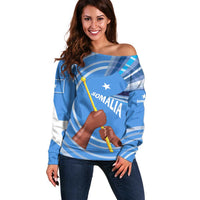 Somalia Off Shoulder Sweater with Raised Fist Flag Blue Unity Wave Spirit