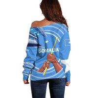 Somalia Off Shoulder Sweater with Raised Fist Flag Blue Unity Wave Spirit