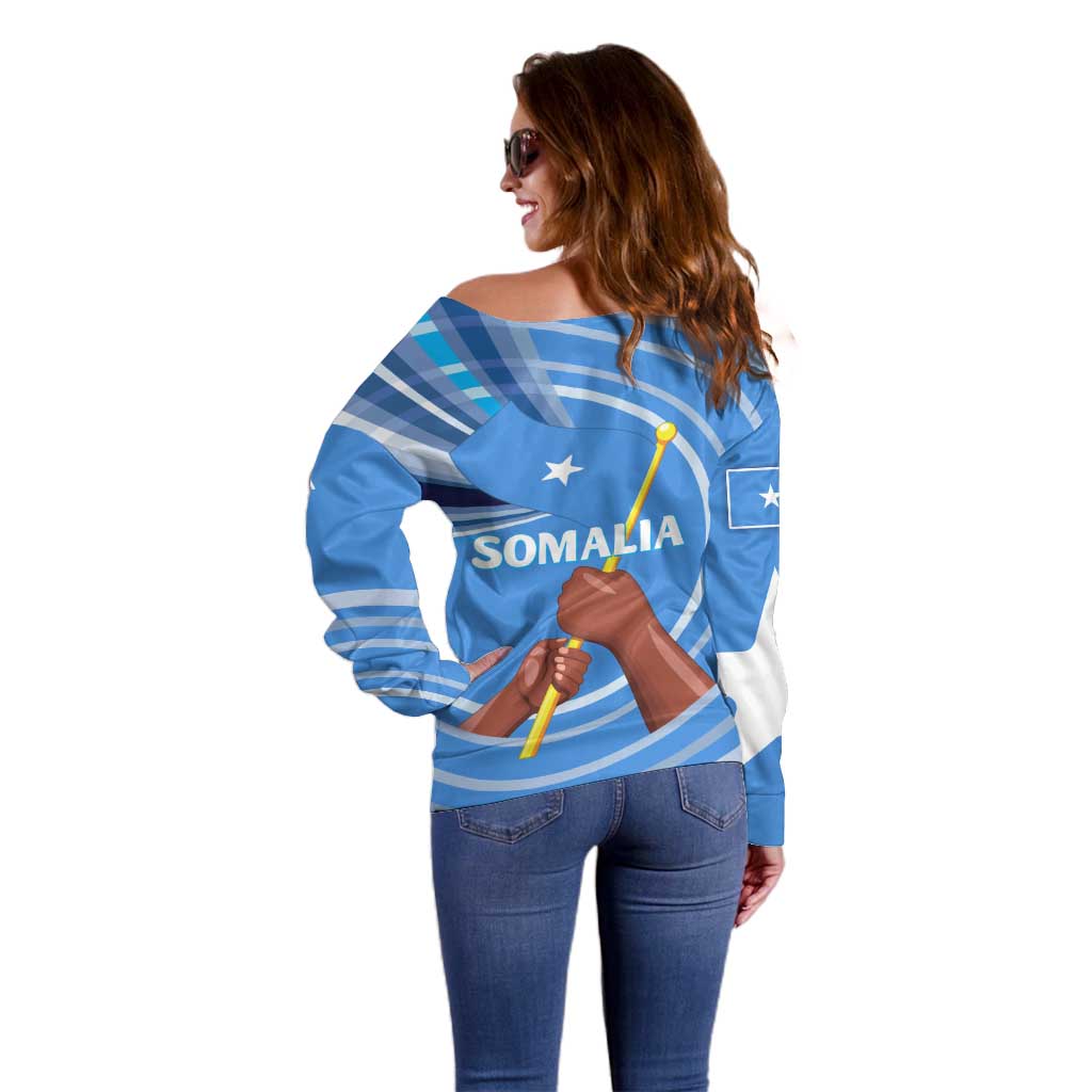Somalia Off Shoulder Sweater with Raised Fist Flag Blue Unity Wave Spirit