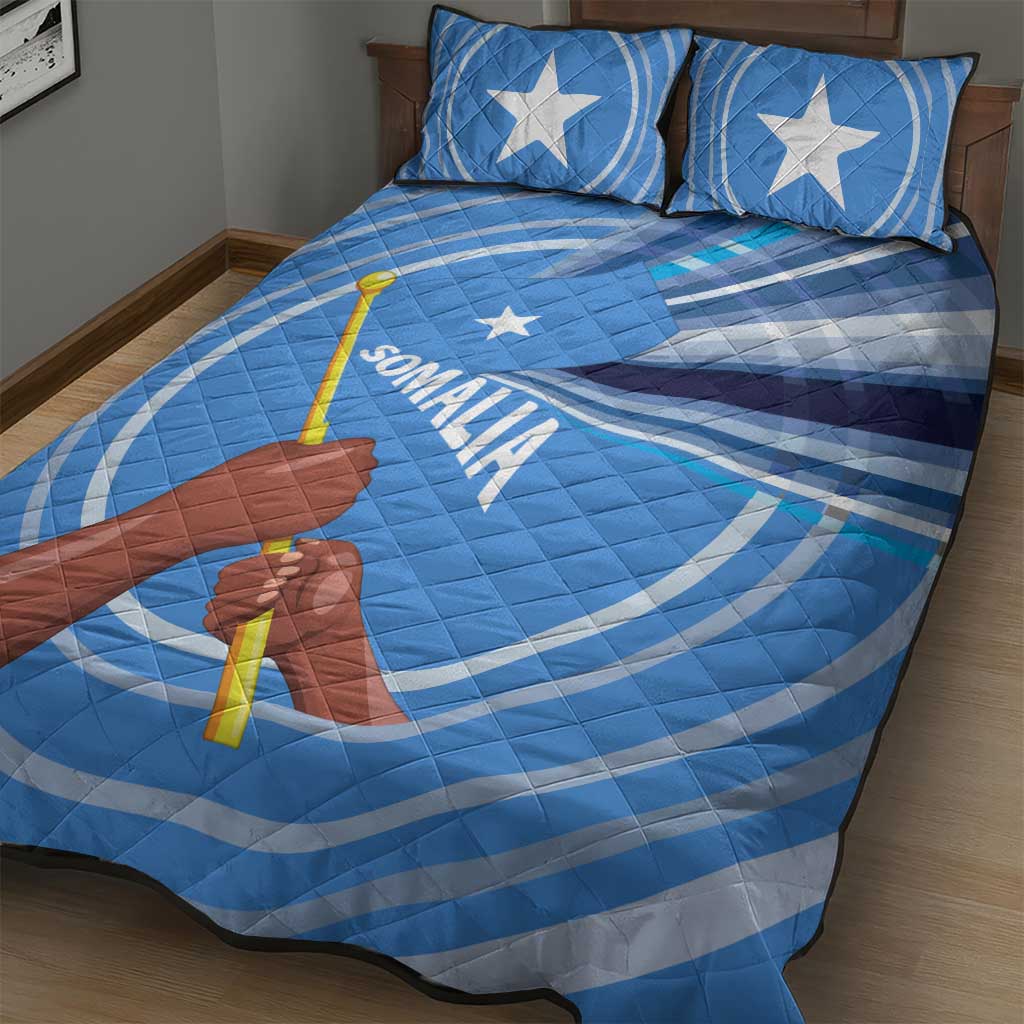 Somalia Quilt Bed Set with Raised Fist Flag Blue Unity Wave Spirit