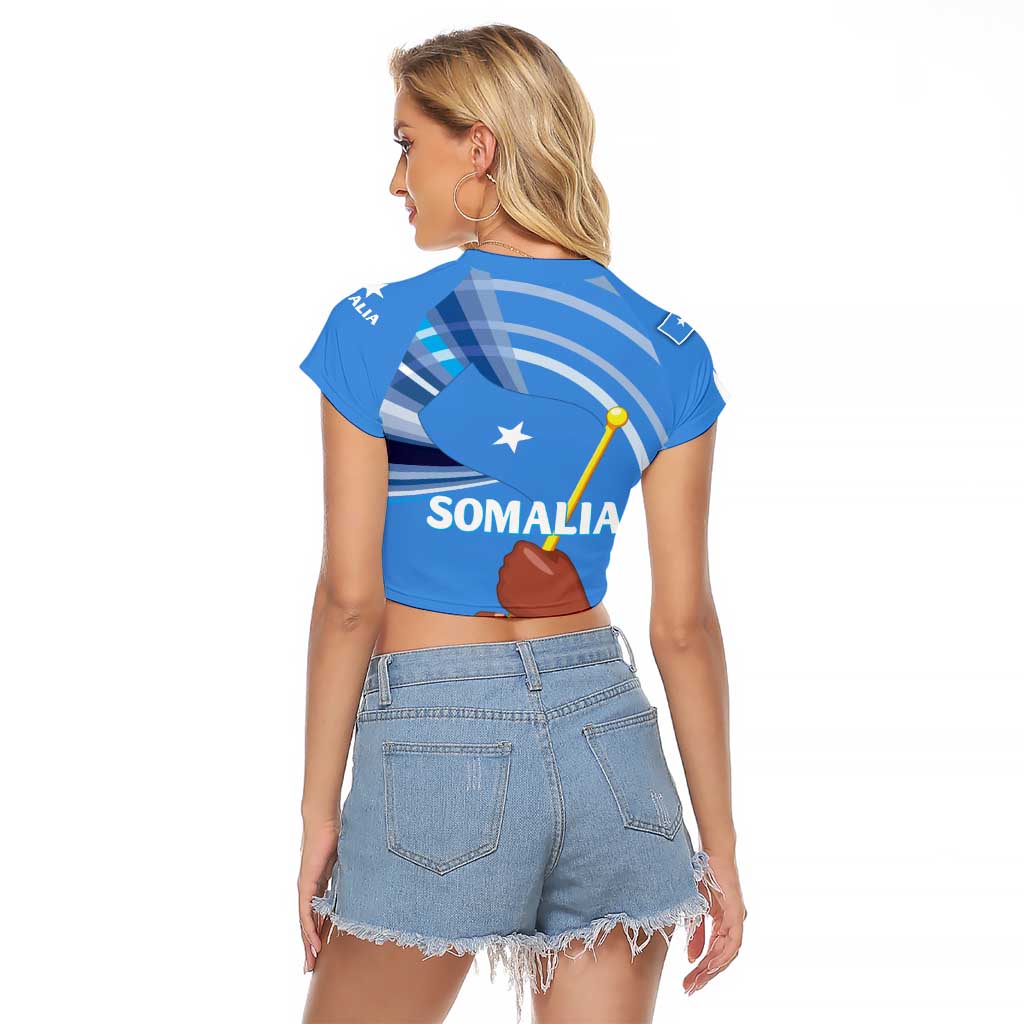 Somalia Raglan Cropped T Shirt with Raised Fist Flag Blue Unity Wave Spirit