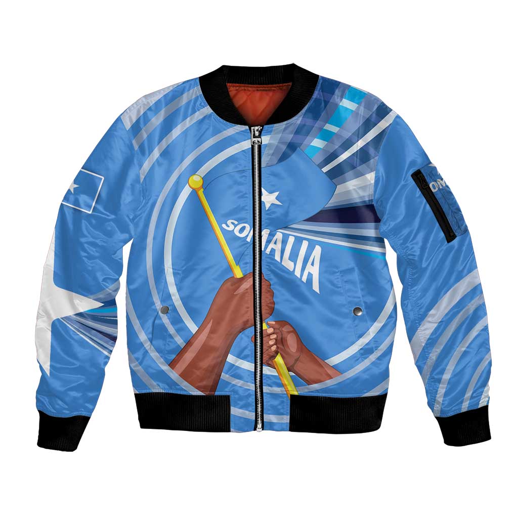Somalia Sleeve Zip Bomber Jacket with Raised Fist Flag Blue Unity Wave Spirit