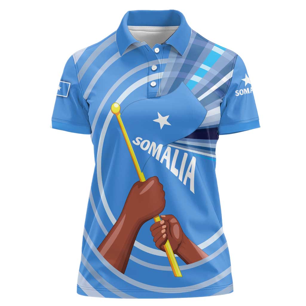 Somalia Women Polo Shirt with Raised Fist Flag Blue Unity Wave Spirit