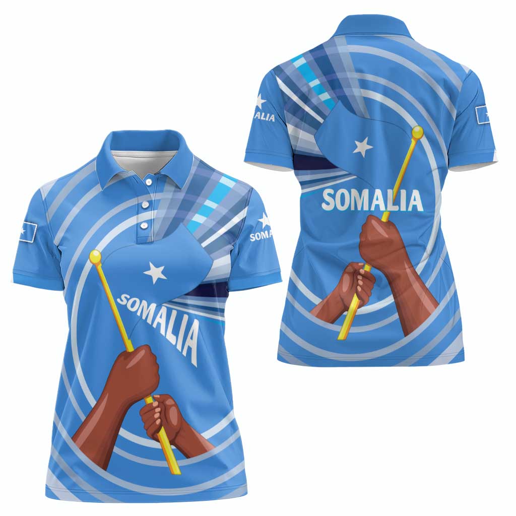 Somalia Women Polo Shirt with Raised Fist Flag Blue Unity Wave Spirit