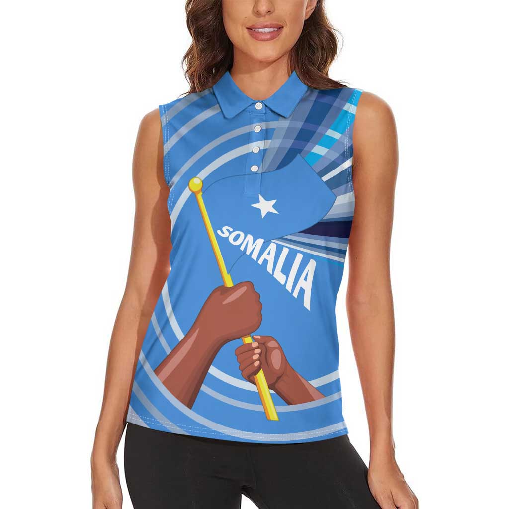 Somalia Women Sleeveless Polo Shirt with Raised Fist Flag Blue Unity Wave Spirit