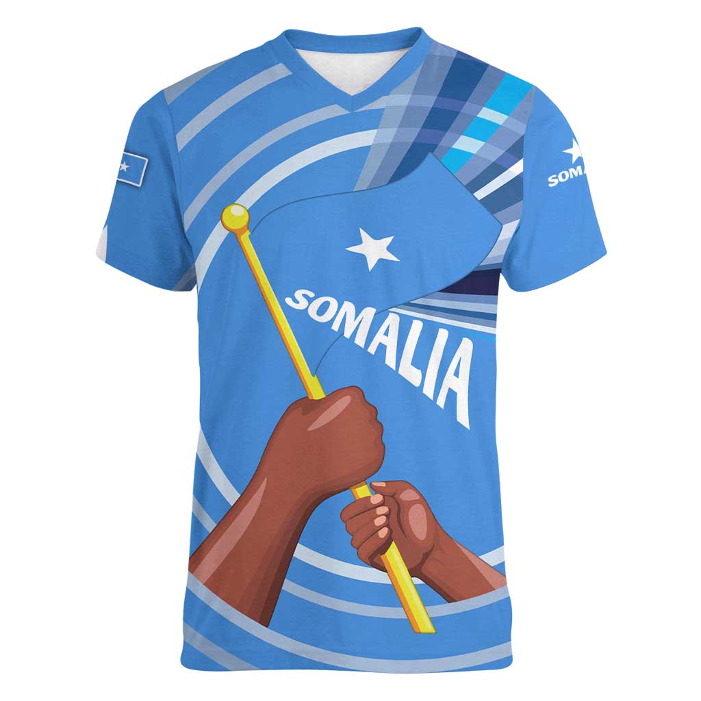 Somalia Women V-Neck T-Shirt with Raised Fist Flag Blue Unity Wave Spirit
