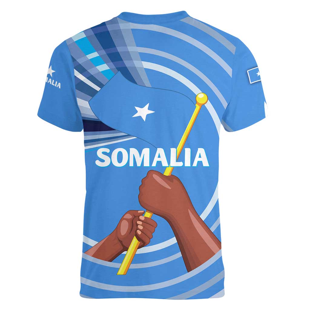 Somalia Women V-Neck T-Shirt with Raised Fist Flag Blue Unity Wave Spirit