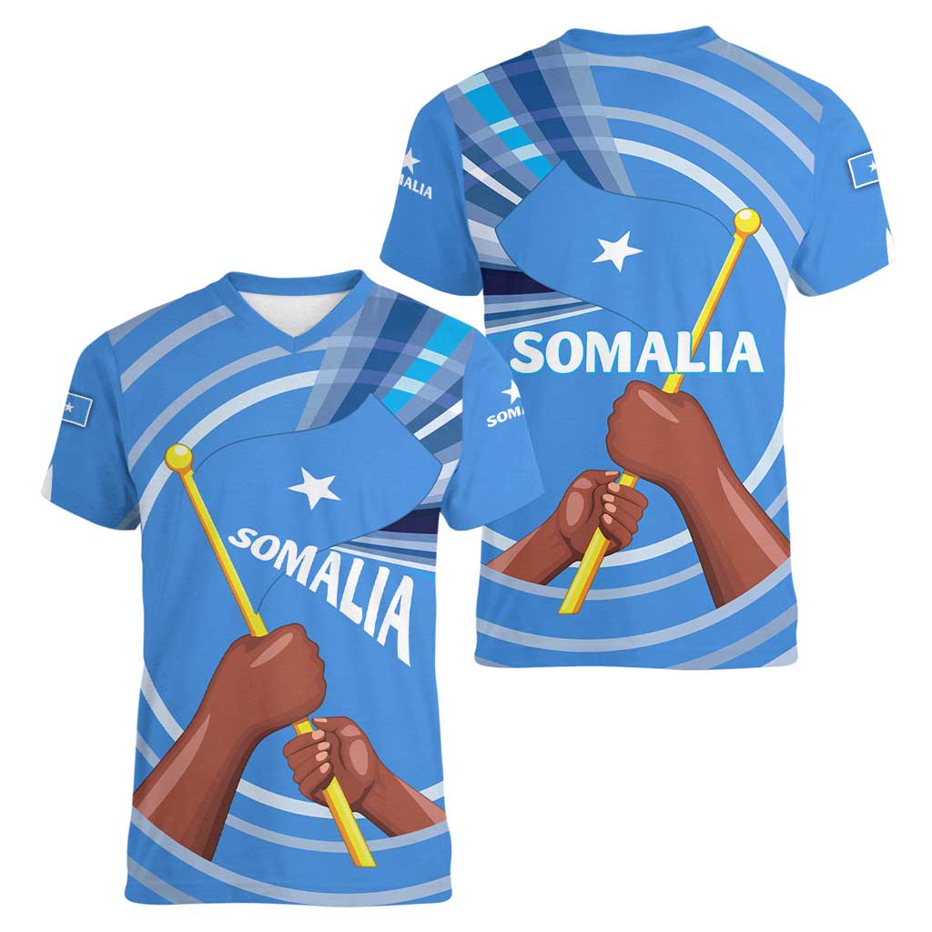 Somalia Women V-Neck T-Shirt with Raised Fist Flag Blue Unity Wave Spirit