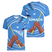 Somalia Women V-Neck T-Shirt with Raised Fist Flag Blue Unity Wave Spirit