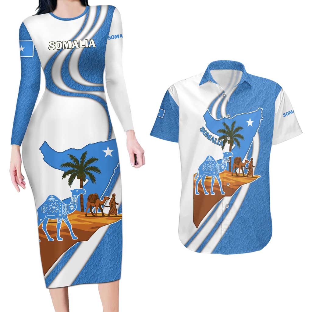 Somalia Couples Matching Long Sleeve Bodycon Dress and Hawaiian Shirt with Camel Desert Map Palm Tree Heritage Spirit