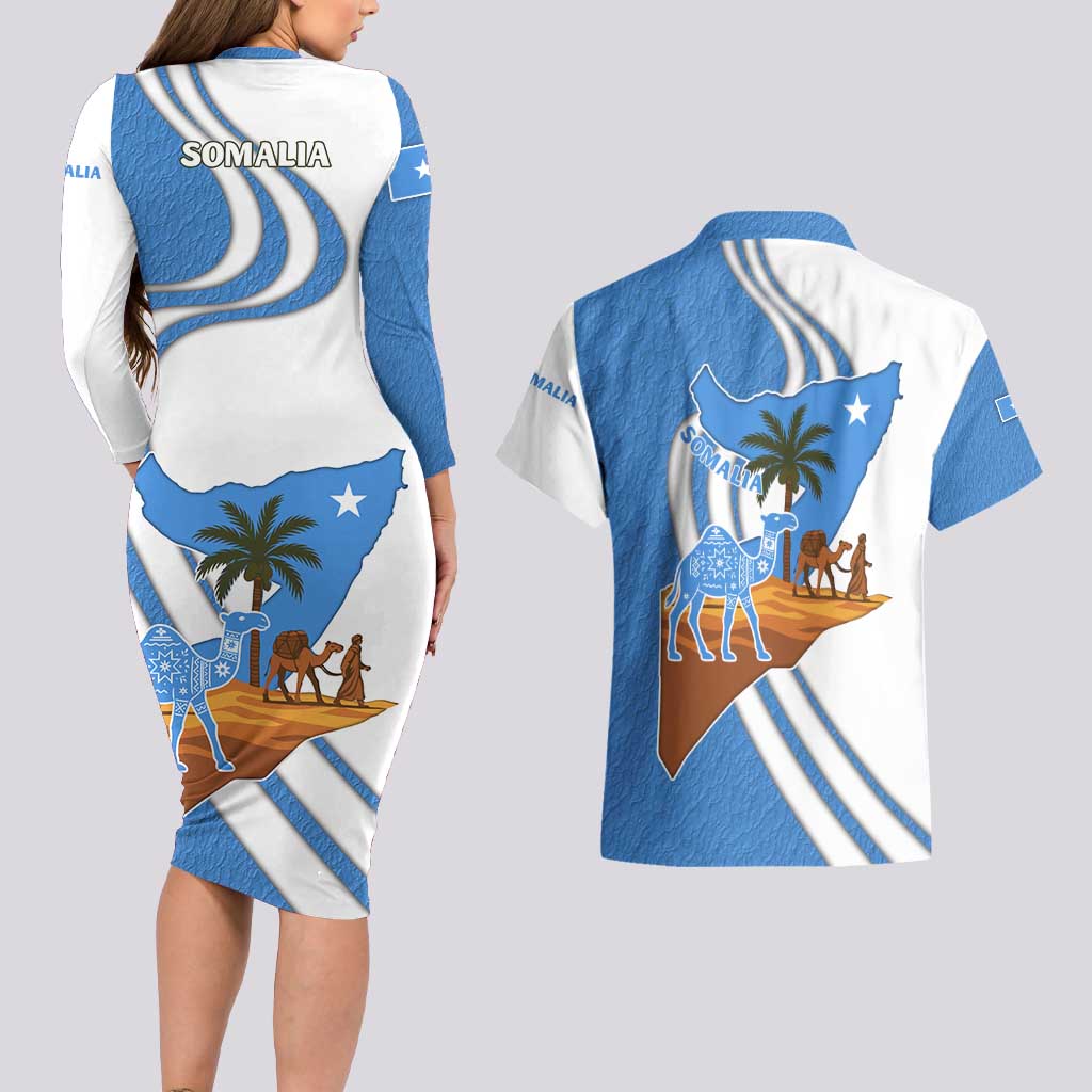Somalia Couples Matching Long Sleeve Bodycon Dress and Hawaiian Shirt with Camel Desert Map Palm Tree Heritage Spirit