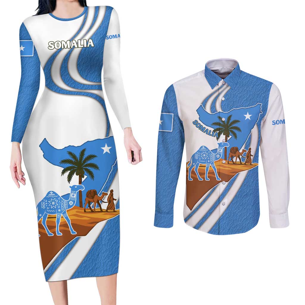 Somalia Couples Matching Long Sleeve Bodycon Dress and Long Sleeve Button Shirt with Camel Desert Map Palm Tree Heritage Spirit