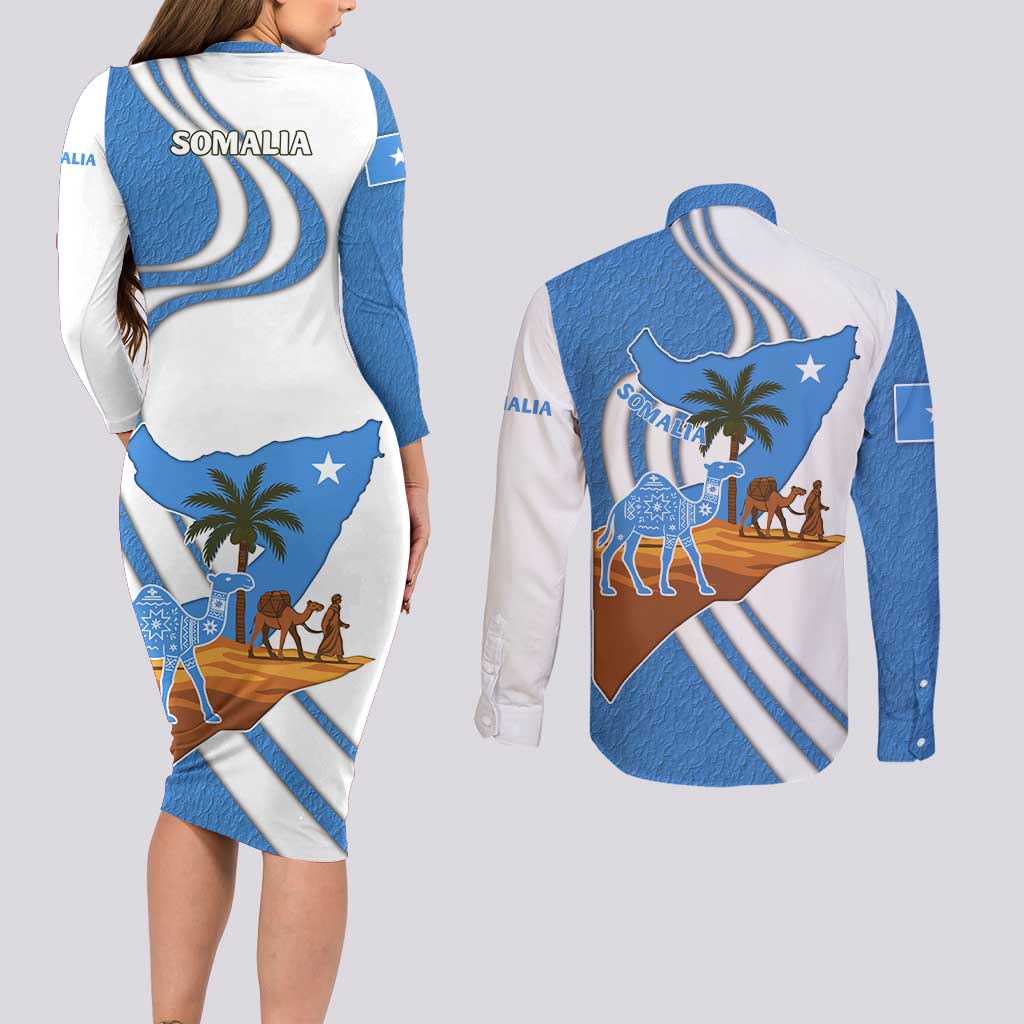 Somalia Couples Matching Long Sleeve Bodycon Dress and Long Sleeve Button Shirt with Camel Desert Map Palm Tree Heritage Spirit