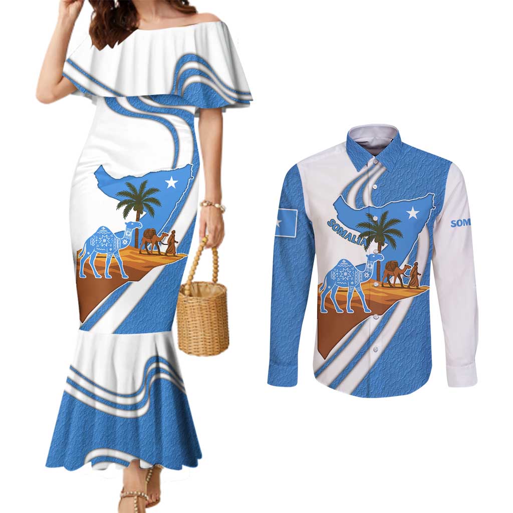 Somalia Couples Matching Mermaid Dress and Long Sleeve Button Shirt with Camel Desert Map Palm Tree Heritage Spirit