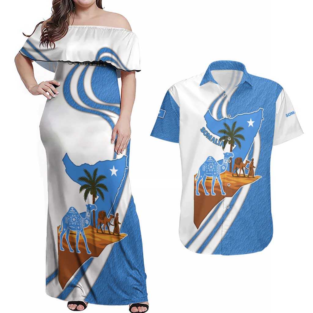 Somalia Couples Matching Off Shoulder Maxi Dress and Hawaiian Shirt with Camel Desert Map Palm Tree Heritage Spirit