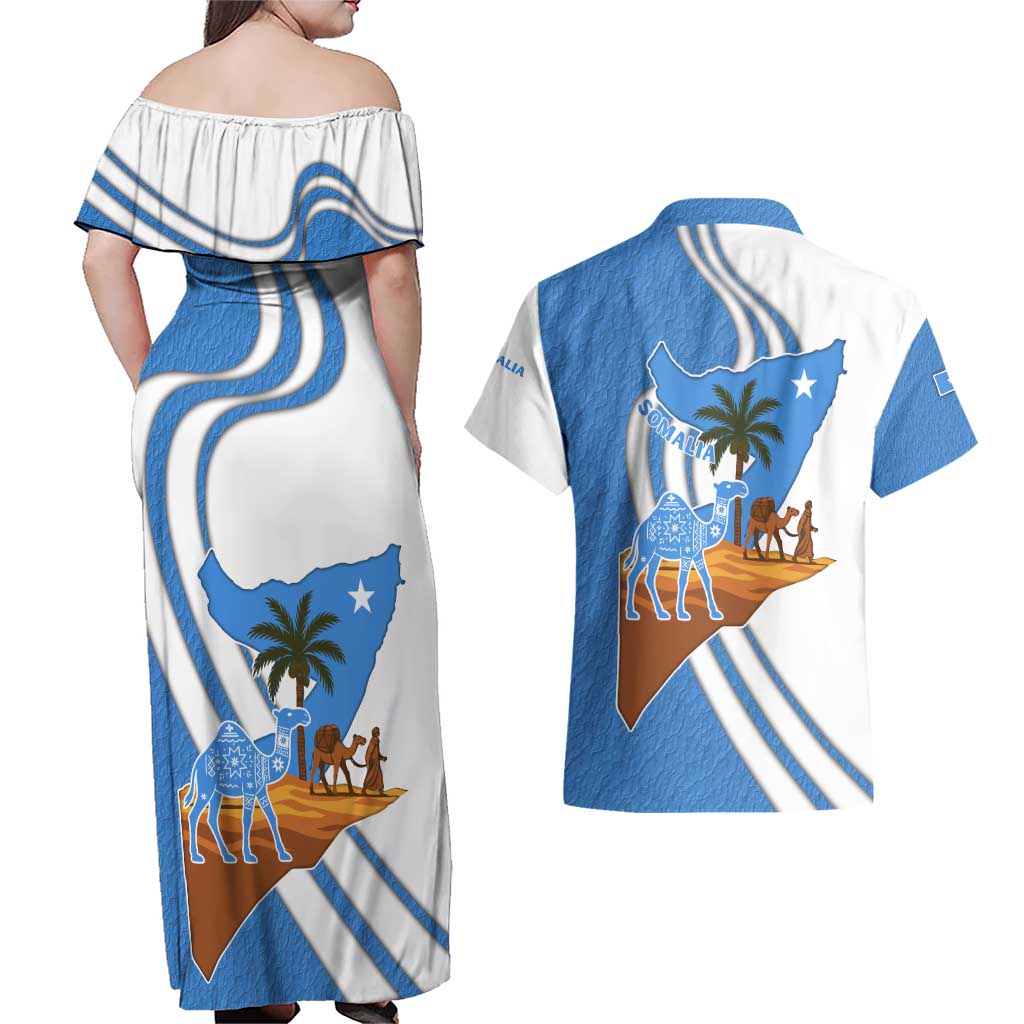 Somalia Couples Matching Off Shoulder Maxi Dress and Hawaiian Shirt with Camel Desert Map Palm Tree Heritage Spirit