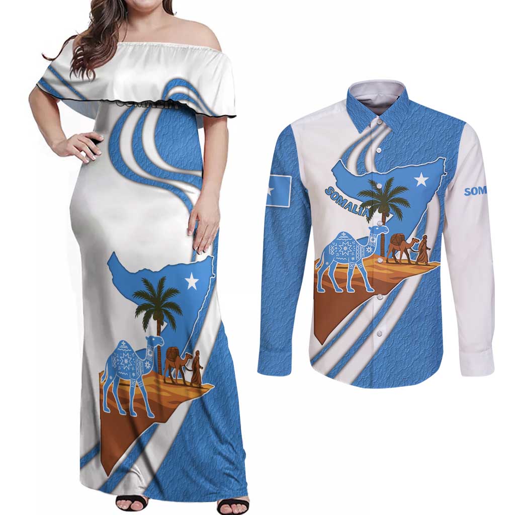 Somalia Couples Matching Off Shoulder Maxi Dress and Long Sleeve Button Shirt with Camel Desert Map Palm Tree Heritage Spirit